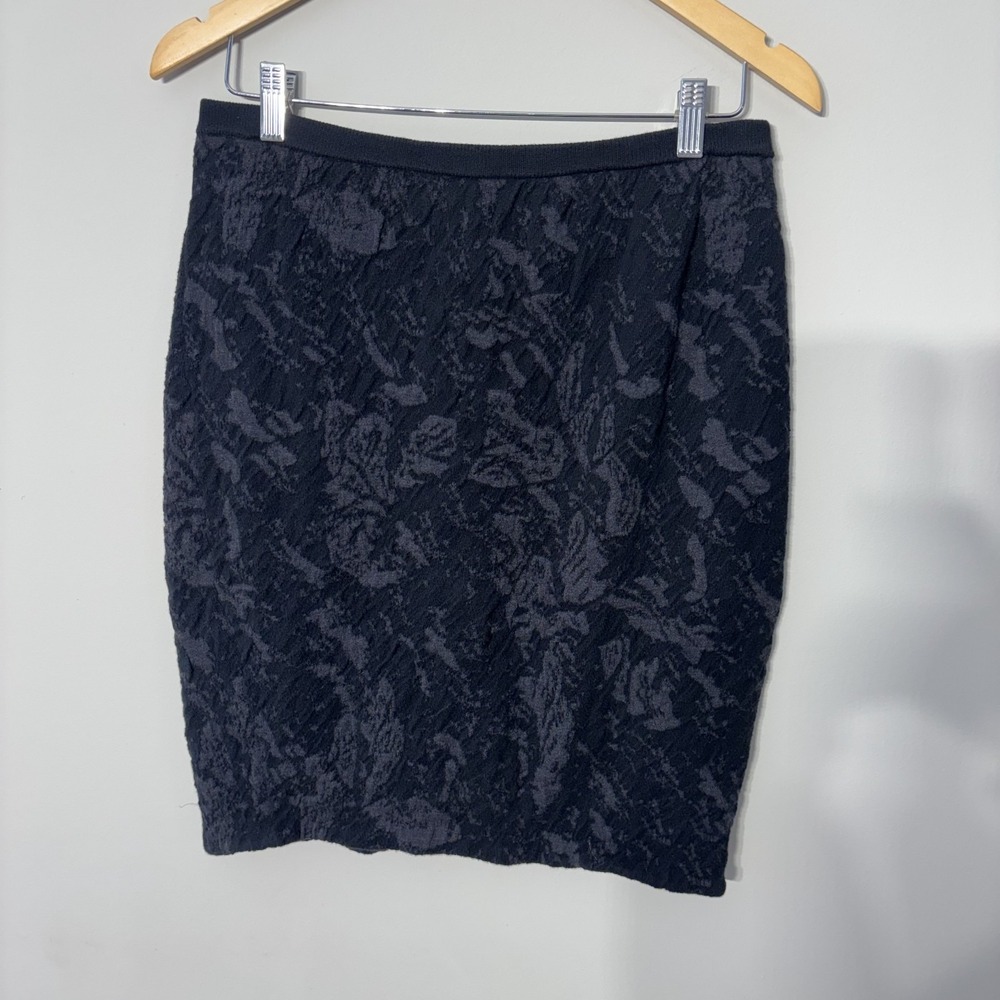 EILEEN FISHER Pencil Skirt M Black Floral Jacquard Knit Wool Bl Textured Pull On